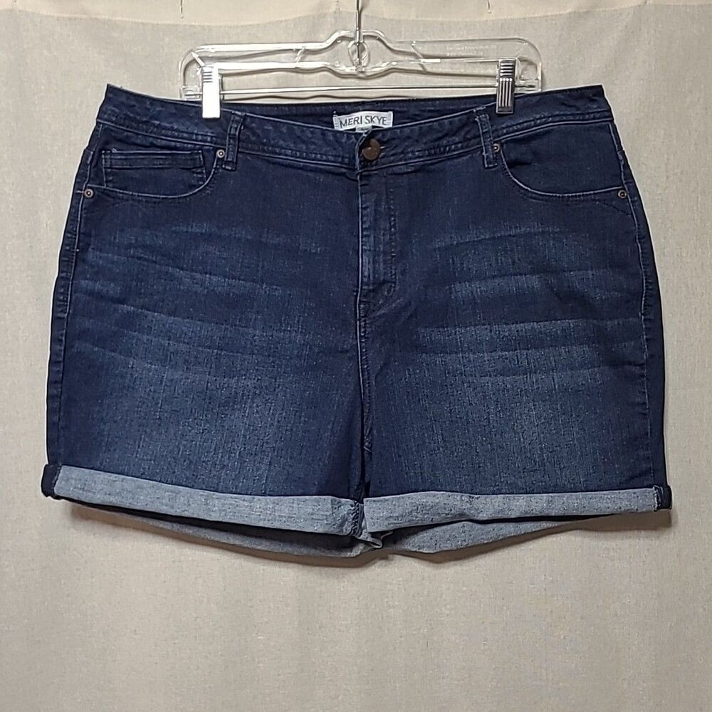 Meri Skye Denim Jean Shorts Womens Size 22W Cuffed Stretch Blue Whiskering